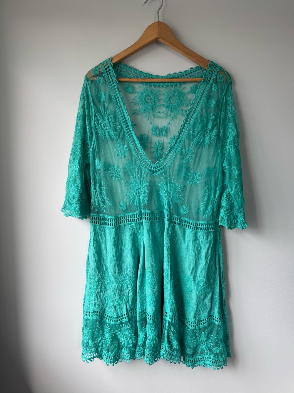 Turquoise Lace Crochet Swim Coverup with V-Neck